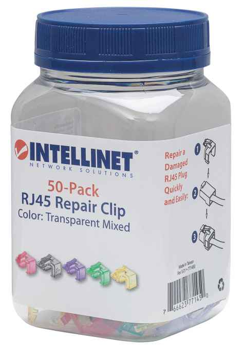 Intellinet RJ45 Repair Clip, For RJ45 modular plug, Mixed Transparent Colours (Red, Yellow, Green, Violet and Black), 50 pack