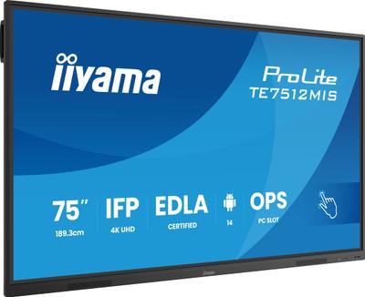 iiyama TE7512MIS-B4AG Signage Display Kiosk design 190.5 cm (75") LCD Wi-Fi 400 cd/m² 4K Ultra HD Black Touchscreen Built-in processor Android 24/7